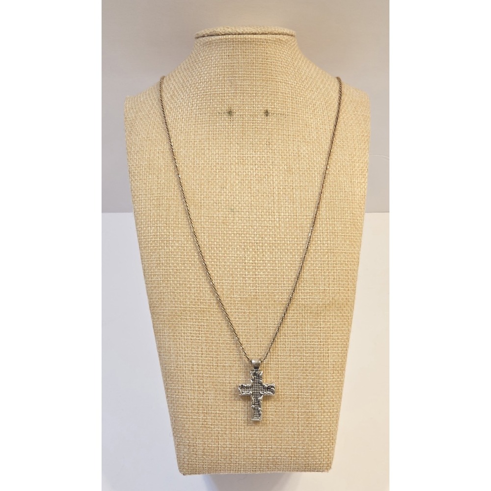 Vintage Sterling Silver Puffy Cross On 24" Italian Sterling Chain Necklace
